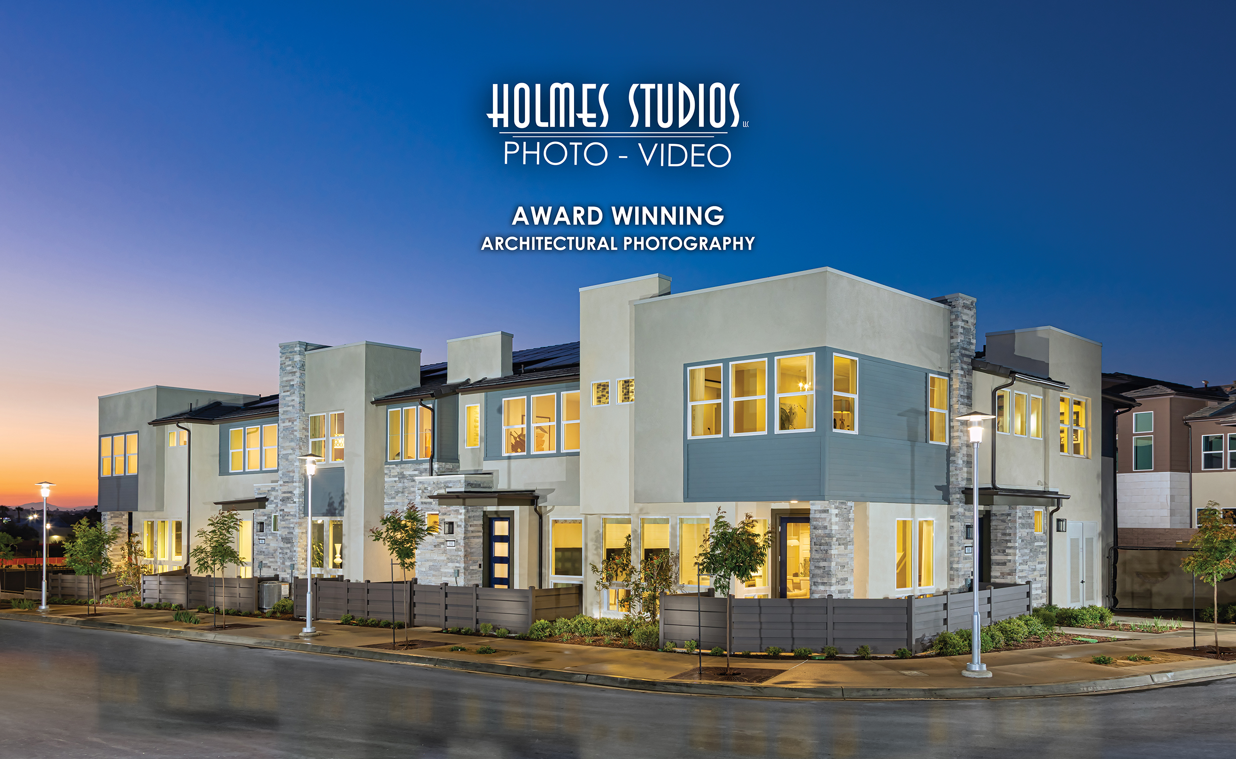 Twilight exterior of a new Shea Homes residence, photographed by Holmes Studios